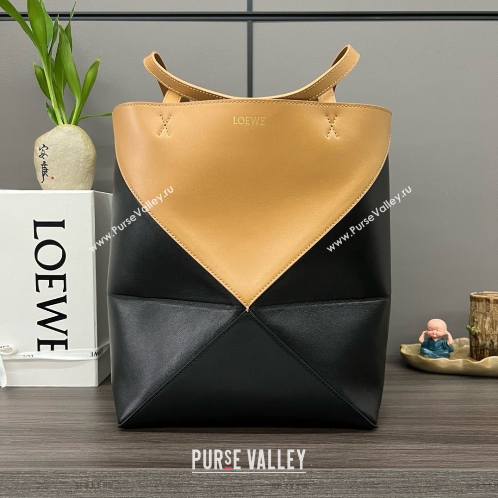 LOEWE Puzzle Fold Tote in shiny calfskin 052316 Warm Desert/Black 2024 (yongsheng-240329-29)