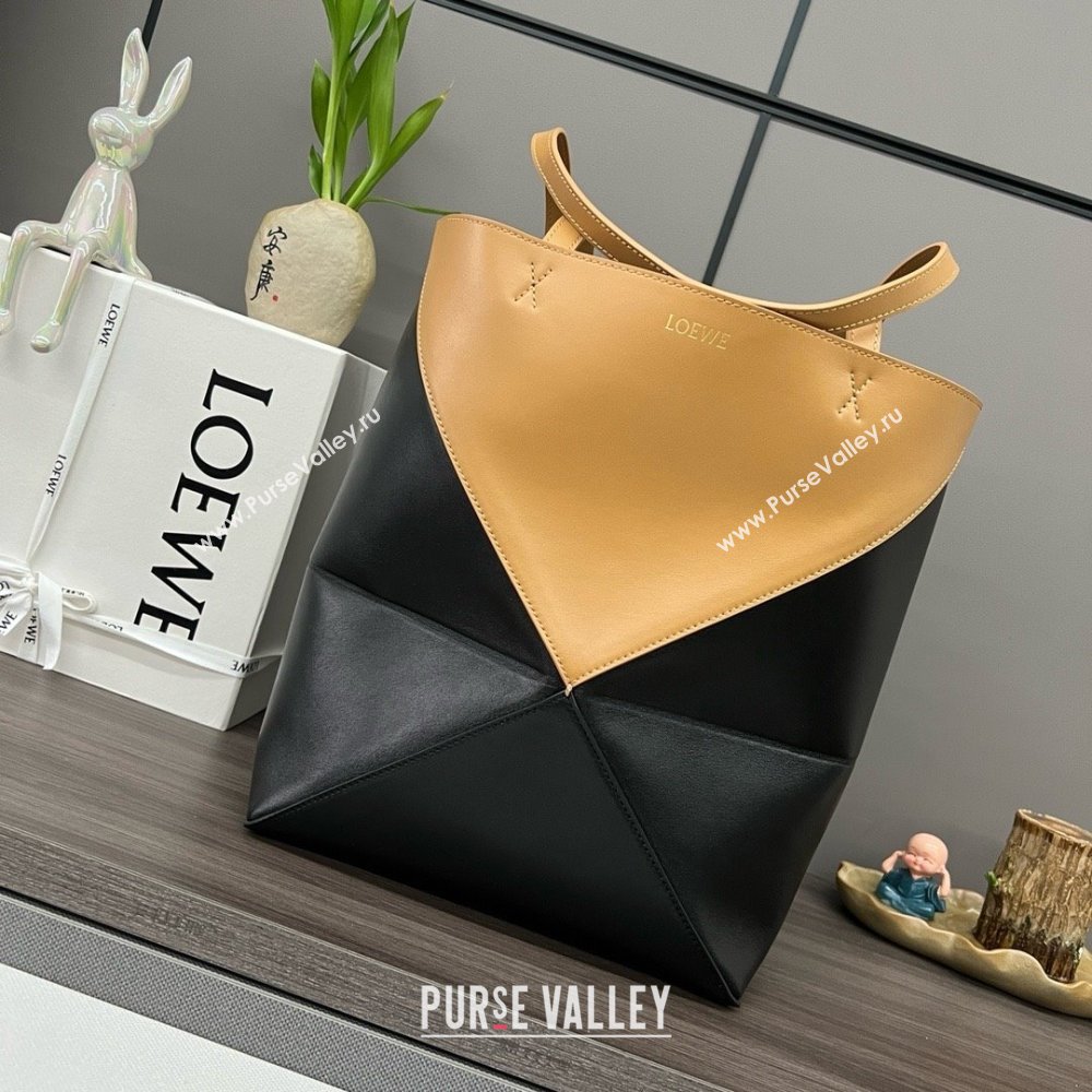 LOEWE Puzzle Fold Tote in shiny calfskin 052316 Warm Desert/Black 2024 (yongsheng-240329-29)