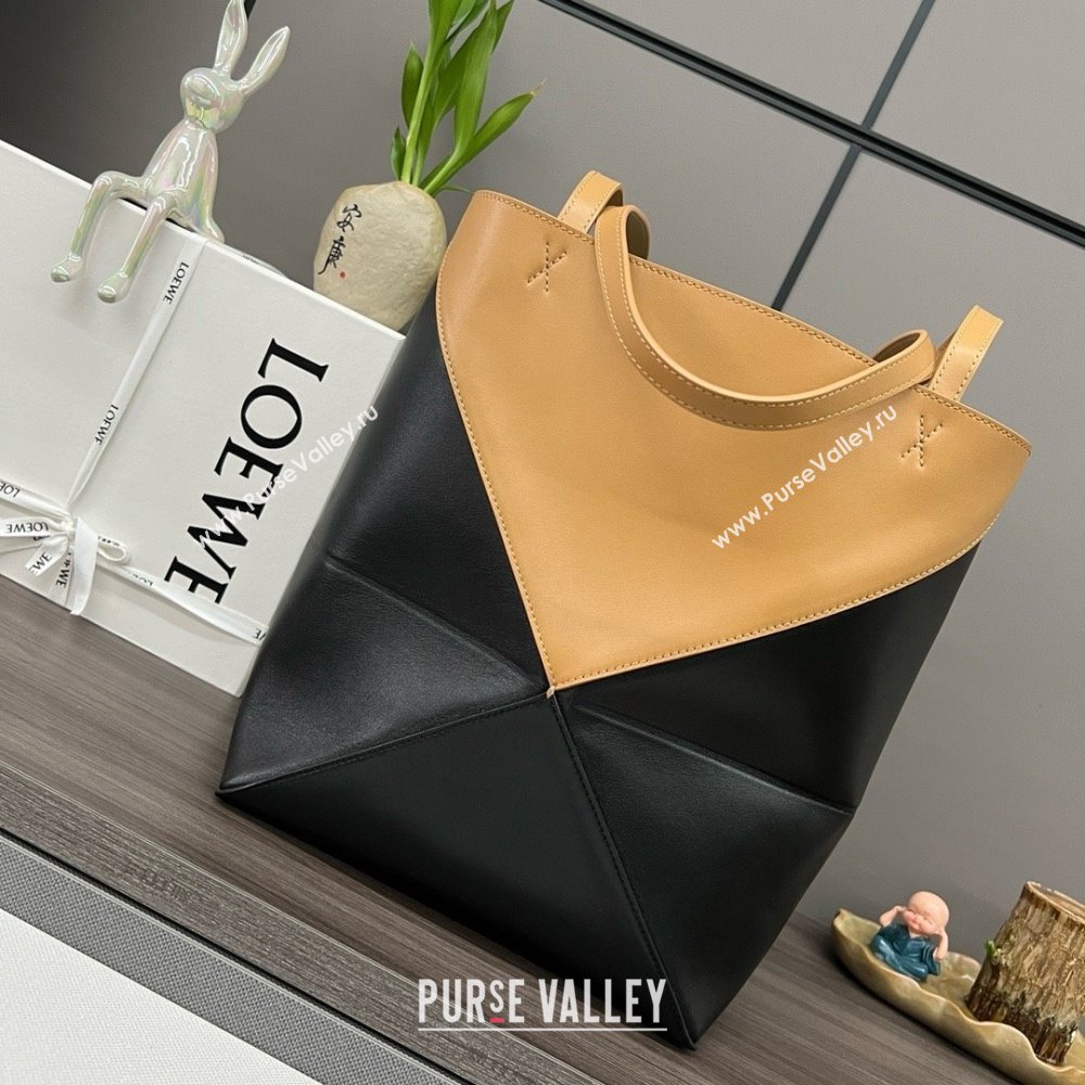 LOEWE Puzzle Fold Tote in shiny calfskin 052316 Warm Desert/Black 2024 (yongsheng-240329-29)