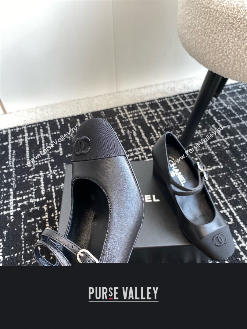 Chanel heel 6.5cm Lambskin Grosgrain Mary Janes G45697 black 2024 (kaola-240425-06)