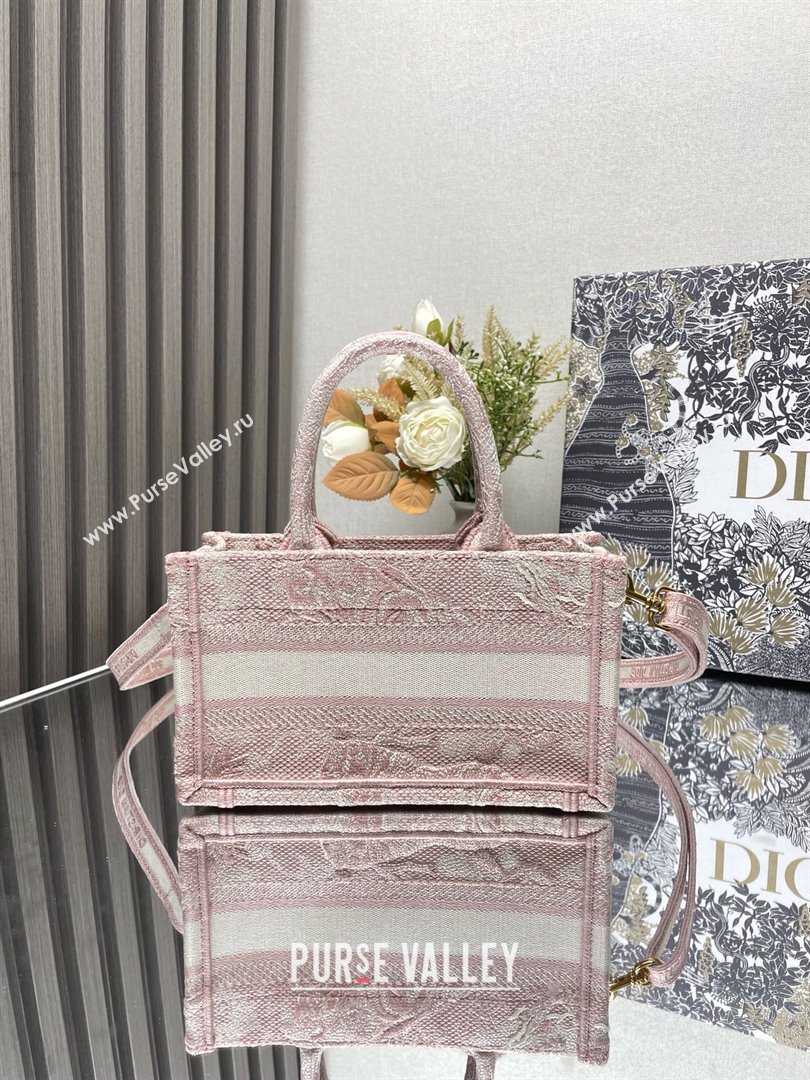 Dior Mini Dior Book Tote Bag with Strap in pink Toile de Jouy Reverse Embroidery 2024 (xxg-240401-07)