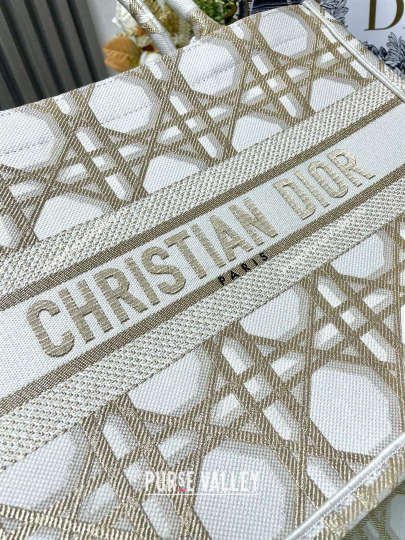 Dior Medium Book Tote Bag in White and Gold-Tone Macrocannage Embroidery 2024 (xxg-240329-09)