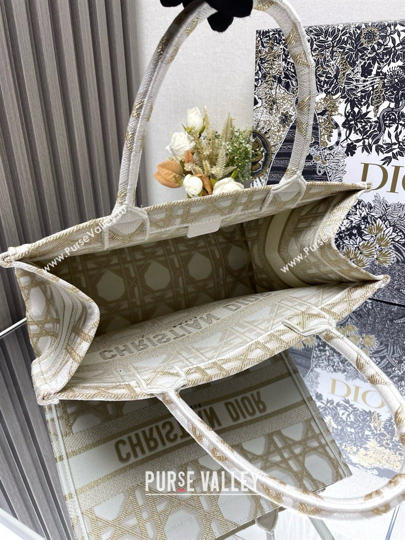 Dior Medium Book Tote Bag in White and Gold-Tone Macrocannage Embroidery 2024 (xxg-240329-09)
