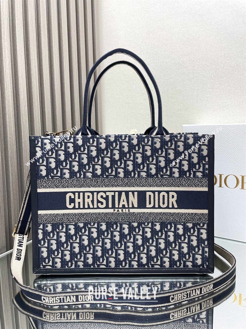 Dior medium Book Tote Bag in Blue Dior Oblique Embroidery and Calfskin with strap 2024 (xxg-240401-12)