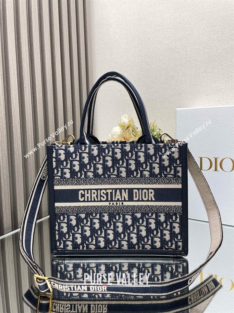 Dior small Book Tote Bag in Blue Dior Oblique Embroidery and Calfskin with strap 2024 (xxg-240401-11)