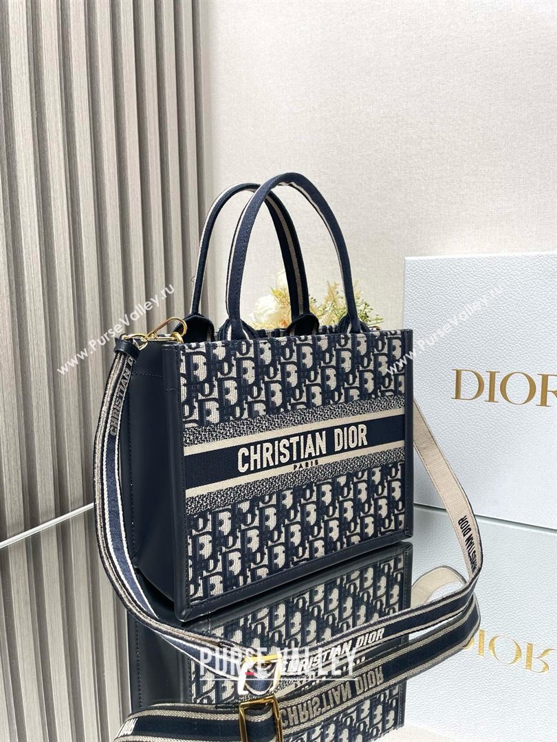 Dior small Book Tote Bag in Blue Dior Oblique Embroidery and Calfskin with strap 2024 (xxg-240401-11)