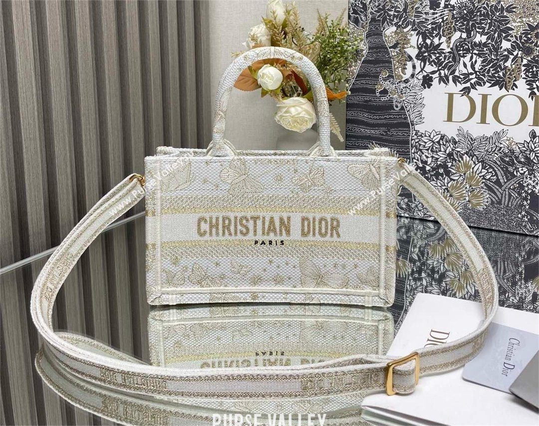 Dior Mini Dior Book Tote Bag with Strap in Gold-Tone and White Butterfly Zodiac Embroidery 2024 (xxg-240401-10)