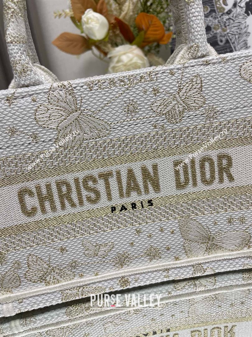 Dior Mini Dior Book Tote Bag with Strap in Gold-Tone and White Butterfly Zodiac Embroidery 2024 (xxg-240401-10)