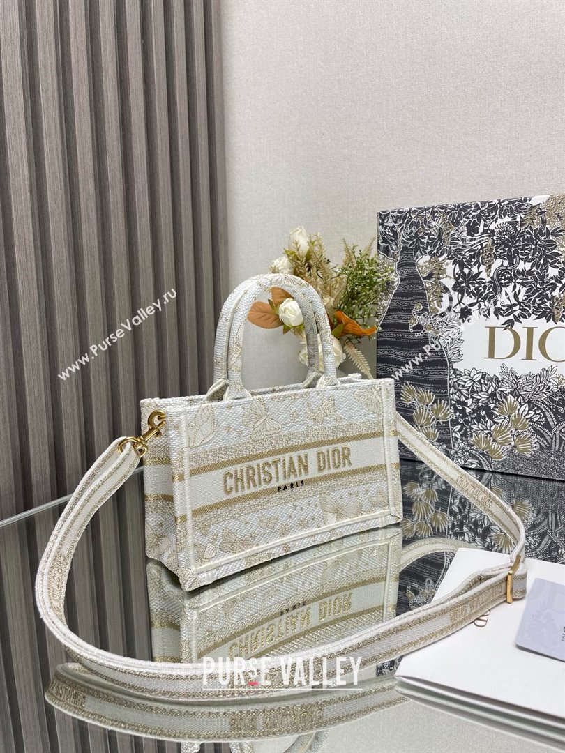 Dior Mini Dior Book Tote Bag with Strap in Gold-Tone and White Butterfly Zodiac Embroidery 2024 (xxg-240401-10)