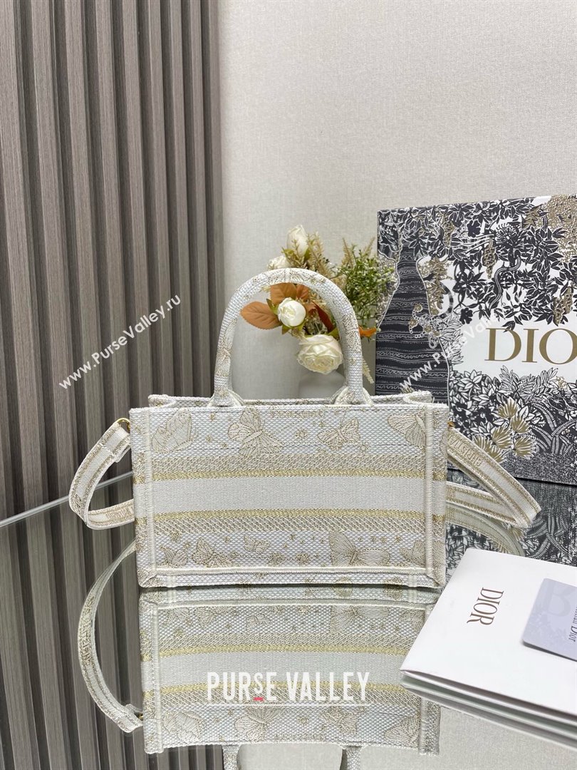 Dior Mini Dior Book Tote Bag with Strap in Gold-Tone and White Butterfly Zodiac Embroidery 2024 (xxg-240401-10)
