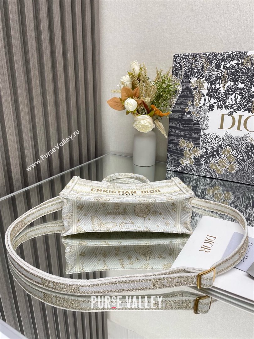 Dior Mini Dior Book Tote Bag with Strap in Gold-Tone and White Butterfly Zodiac Embroidery 2024 (xxg-240401-10)