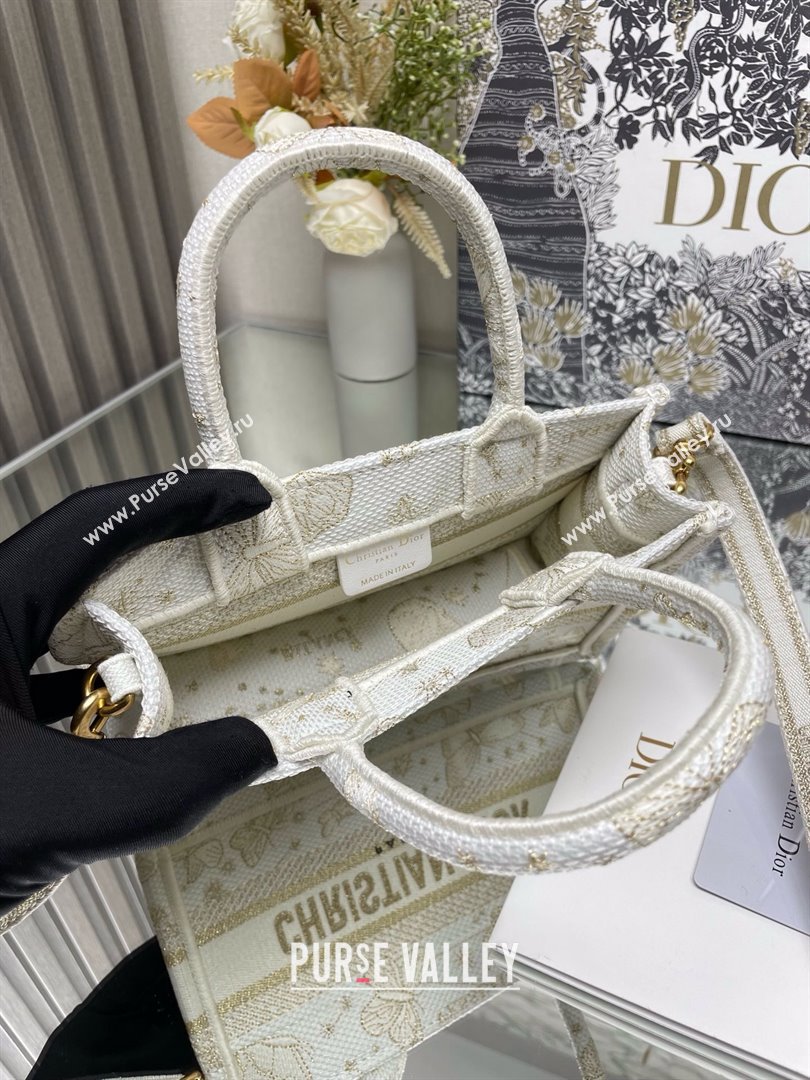 Dior Mini Dior Book Tote Bag with Strap in Gold-Tone and White Butterfly Zodiac Embroidery 2024 (xxg-240401-10)