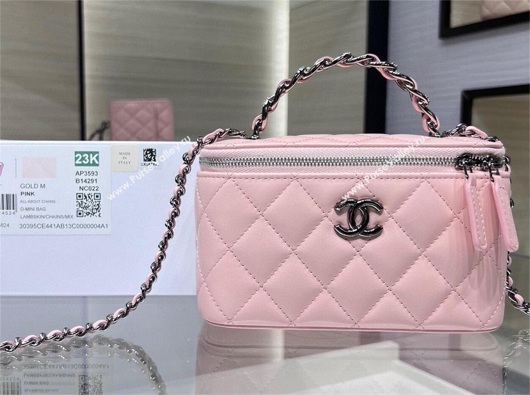chanel Shiny Crumpled Calfskin, Strass & Ruthenium-Finish Metal Clutch with Chain AP3593 pink 2023 (jiyuan-231115-03)