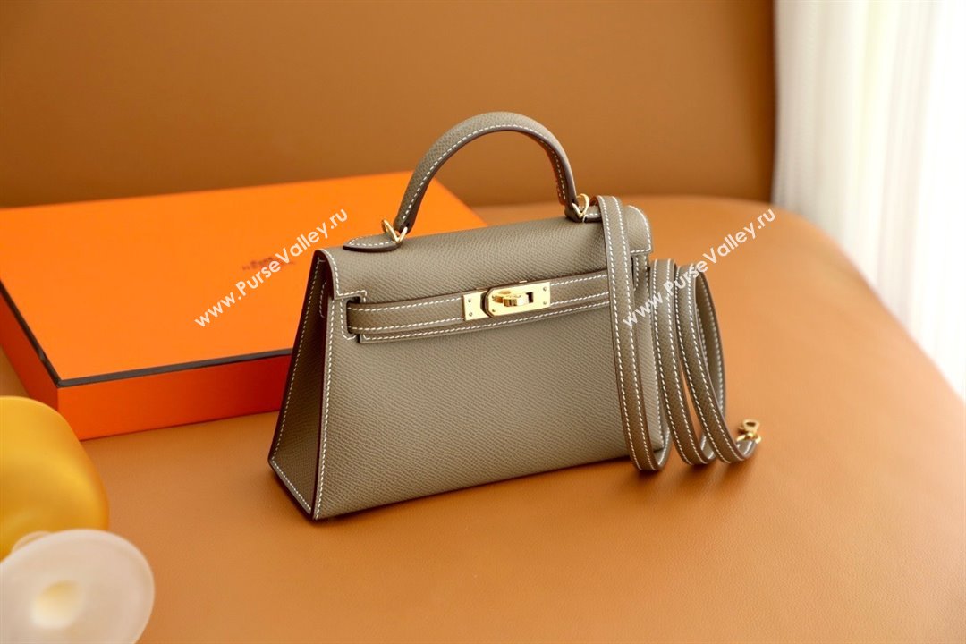 Hermes Mini Kelly II Handbag in original epsom leather etoupe with gold hardware(handmade) (ayan-231115-15)