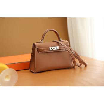 Hermes Mini Kelly II Handbag in original swift leather gold brown with silver hardware(handmade) (ayan-231115-19)