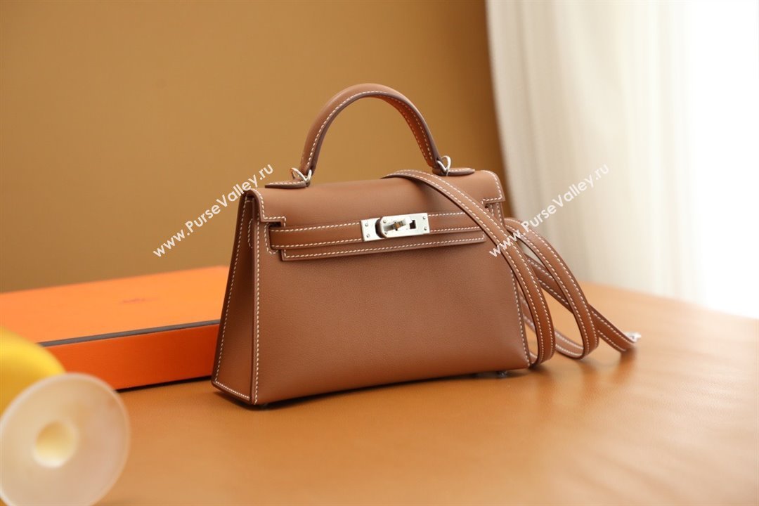 Hermes Mini Kelly II Handbag in original swift leather gold brown with silver hardware(handmade) (ayan-231115-19)