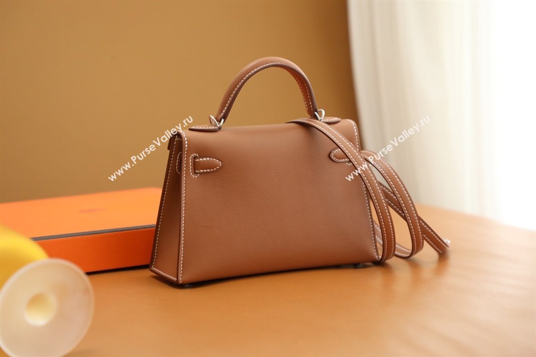 Hermes Mini Kelly II Handbag in original swift leather gold brown with silver hardware(handmade) (ayan-231115-19)