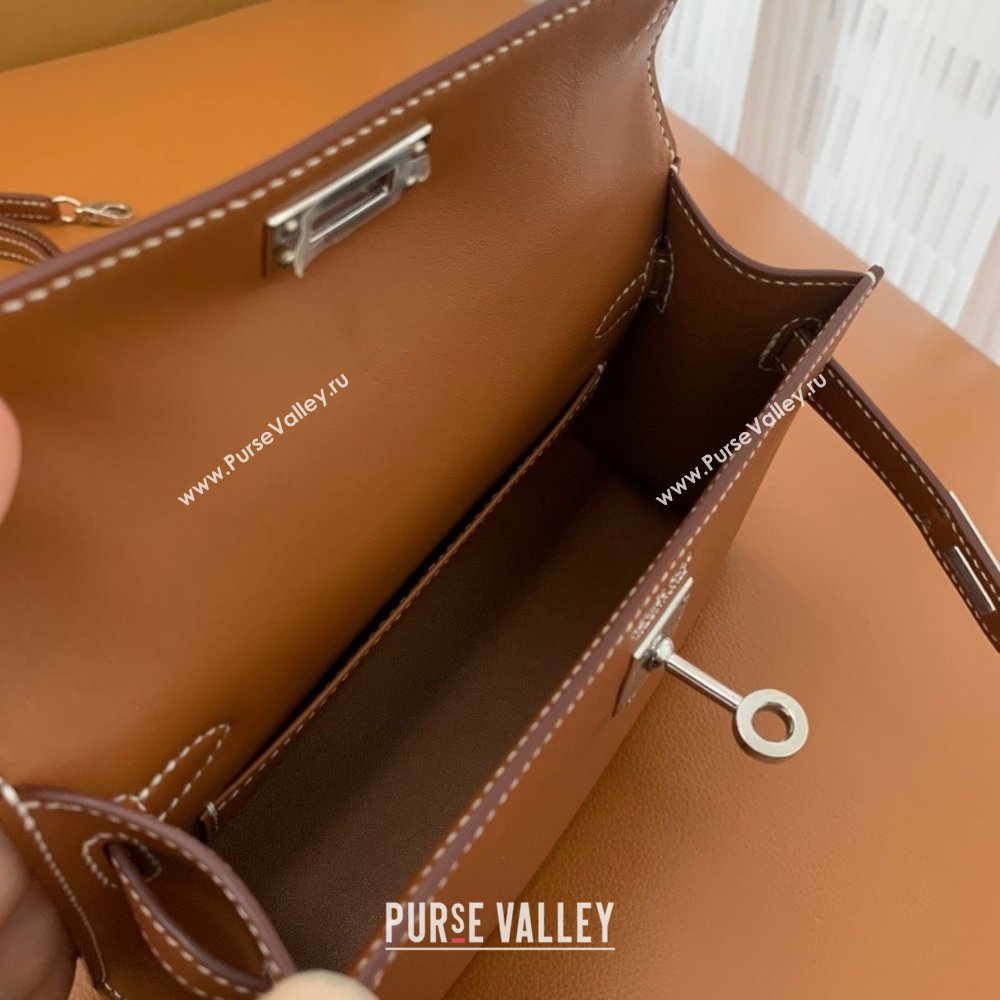 Hermes Mini Kelly II Handbag in original swift leather gold brown with silver hardware(handmade) (ayan-231115-19)