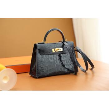 Hermes Mini Kelly II Handbag in alligator leather bleu baltique with gold hardware(handmade) (ayan-231116-11)