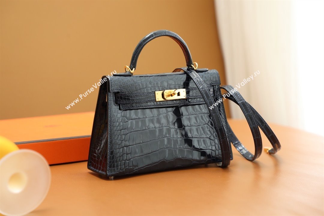 Hermes Mini Kelly II Handbag in alligator leather bleu baltique with gold hardware(handmade) (ayan-231116-11)
