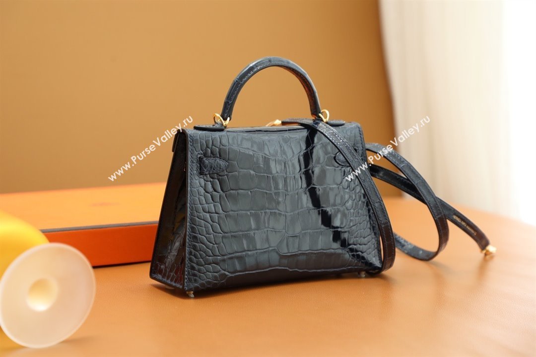 Hermes Mini Kelly II Handbag in alligator leather bleu baltique with gold hardware(handmade) (ayan-231116-11)