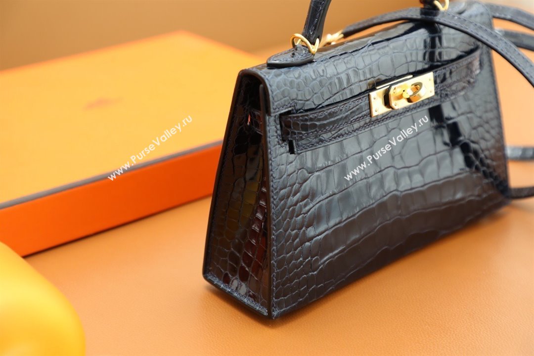 Hermes Mini Kelly II Handbag in alligator leather bleu baltique with gold hardware(handmade) (ayan-231116-11)