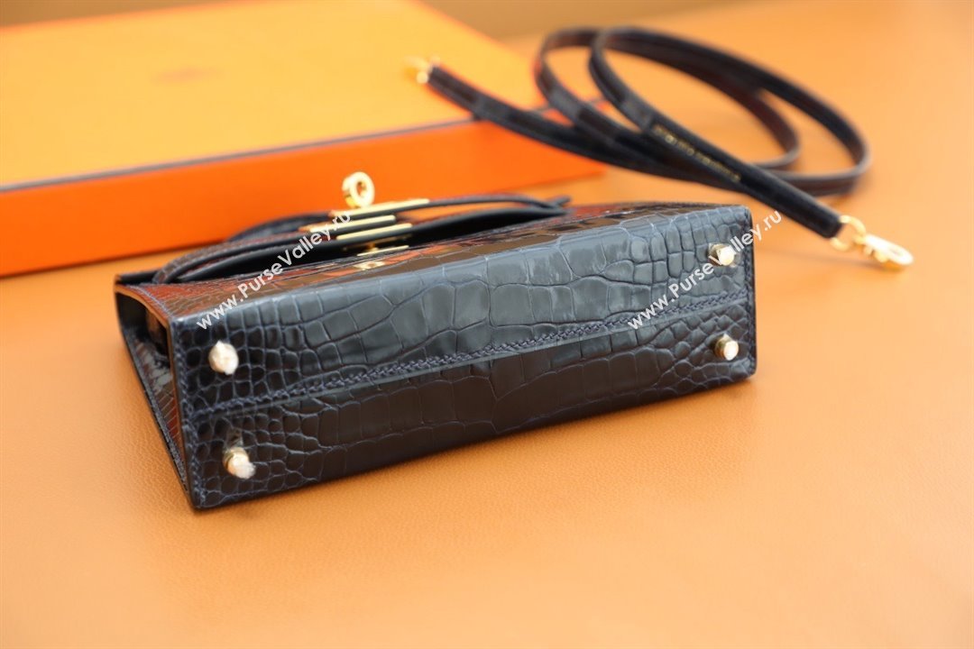 Hermes Mini Kelly II Handbag in alligator leather bleu baltique with gold hardware(handmade) (ayan-231116-11)