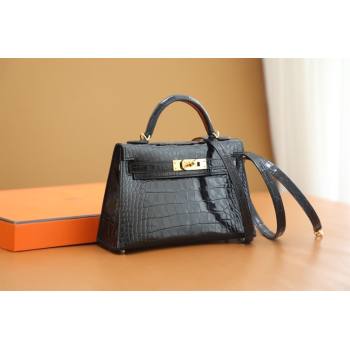 Hermes Mini Kelly II Handbag in alligator leather noir with gold hardware(handmade) (ayan-231116-12)