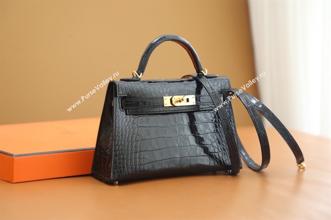 Hermes Mini Kelly II Handbag in alligator leather noir with gold hardware(handmade) (ayan-231116-12)