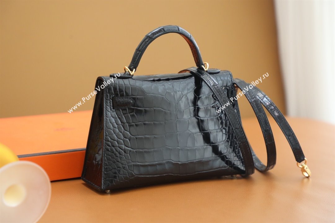 Hermes Mini Kelly II Handbag in alligator leather noir with gold hardware(handmade) (ayan-231116-12)