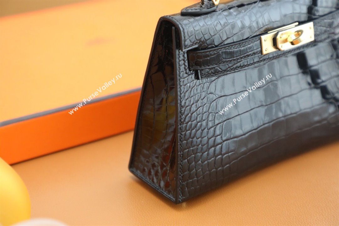 Hermes Mini Kelly II Handbag in alligator leather noir with gold hardware(handmade) (ayan-231116-12)