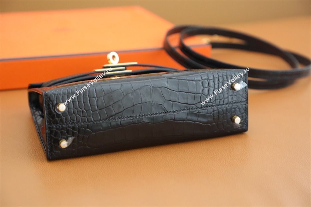 Hermes Mini Kelly II Handbag in alligator leather noir with gold hardware(handmade) (ayan-231116-12)