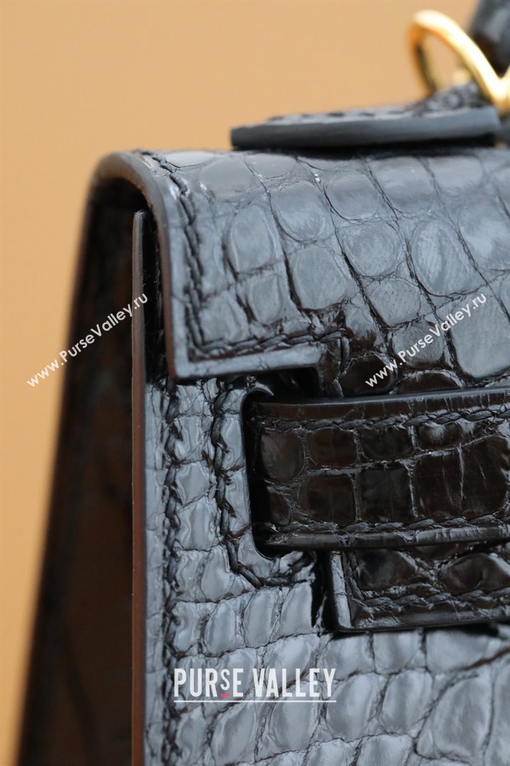Hermes Mini Kelly II Handbag in alligator leather noir with gold hardware(handmade) (ayan-231116-12)