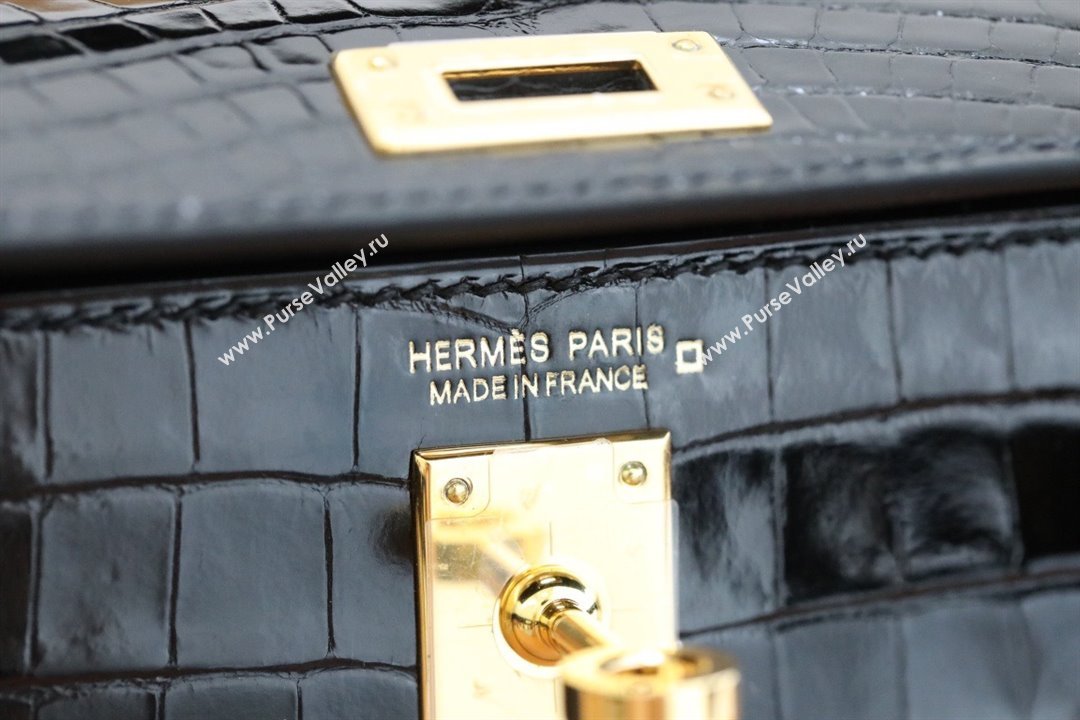 Hermes Mini Kelly II Handbag in alligator leather noir with gold hardware(handmade) (ayan-231116-12)