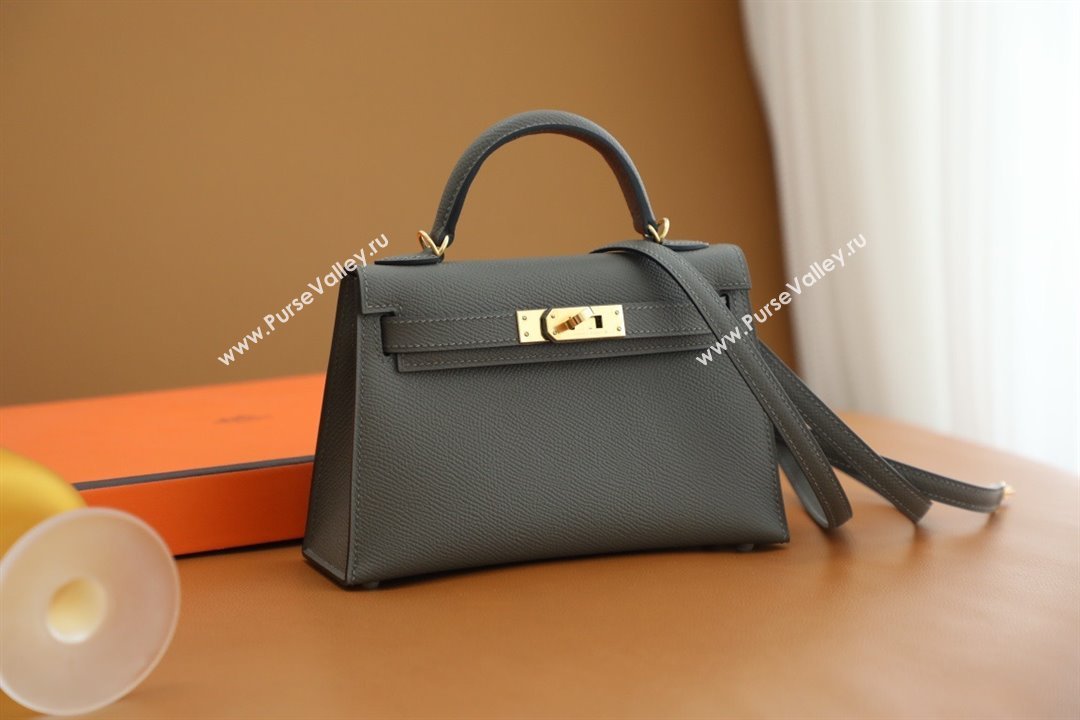 Hermes Mini Kelly II Handbag in original epsom leather gris meyer with gold hardware(handmade) (ayan-231115-11)