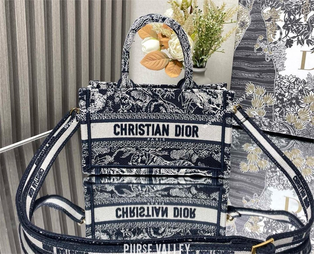Dior Mini Dior Book Tote Bag with Strap in blue Toile de Jouy Reverse Embroidery 2024 (xxg-240401-09)