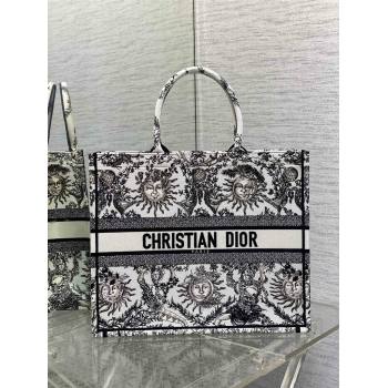 Dior Medium Book Tote Bag in White and Navy Blue Toile de Jouy Soleil Embroidery 2024 (xxg-240329-10)