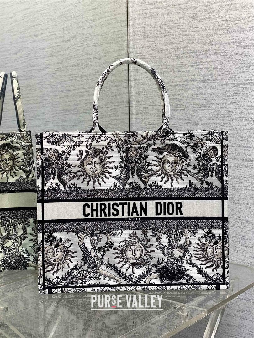 Dior Medium Book Tote Bag in White and Navy Blue Toile de Jouy Soleil Embroidery 2024 (xxg-240329-10)