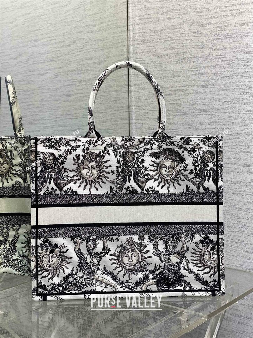 Dior Medium Book Tote Bag in White and Navy Blue Toile de Jouy Soleil Embroidery 2024 (xxg-240329-10)