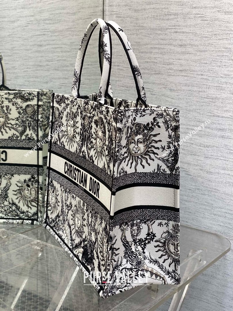 Dior Medium Book Tote Bag in White and Navy Blue Toile de Jouy Soleil Embroidery 2024 (xxg-240329-10)