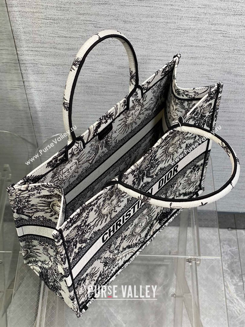 Dior Medium Book Tote Bag in White and Navy Blue Toile de Jouy Soleil Embroidery 2024 (xxg-240329-10)