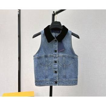 LOUIS VUITTON Sleeveless Velvet Accent Denim Jacket 2024 (qiqi-240321-08)