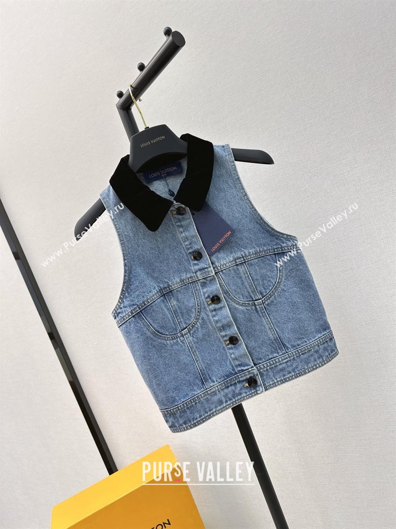 LOUIS VUITTON Sleeveless Velvet Accent Denim Jacket 2024 (qiqi-240321-08)