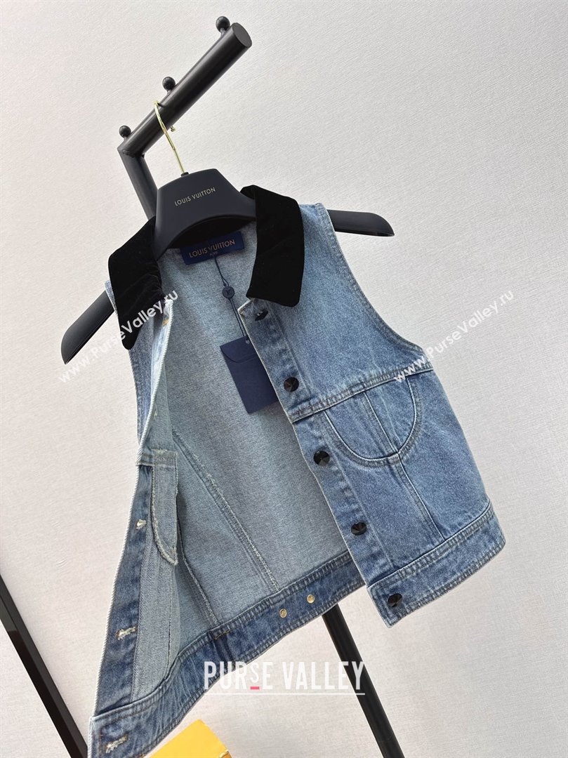 LOUIS VUITTON Sleeveless Velvet Accent Denim Jacket 2024 (qiqi-240321-08)