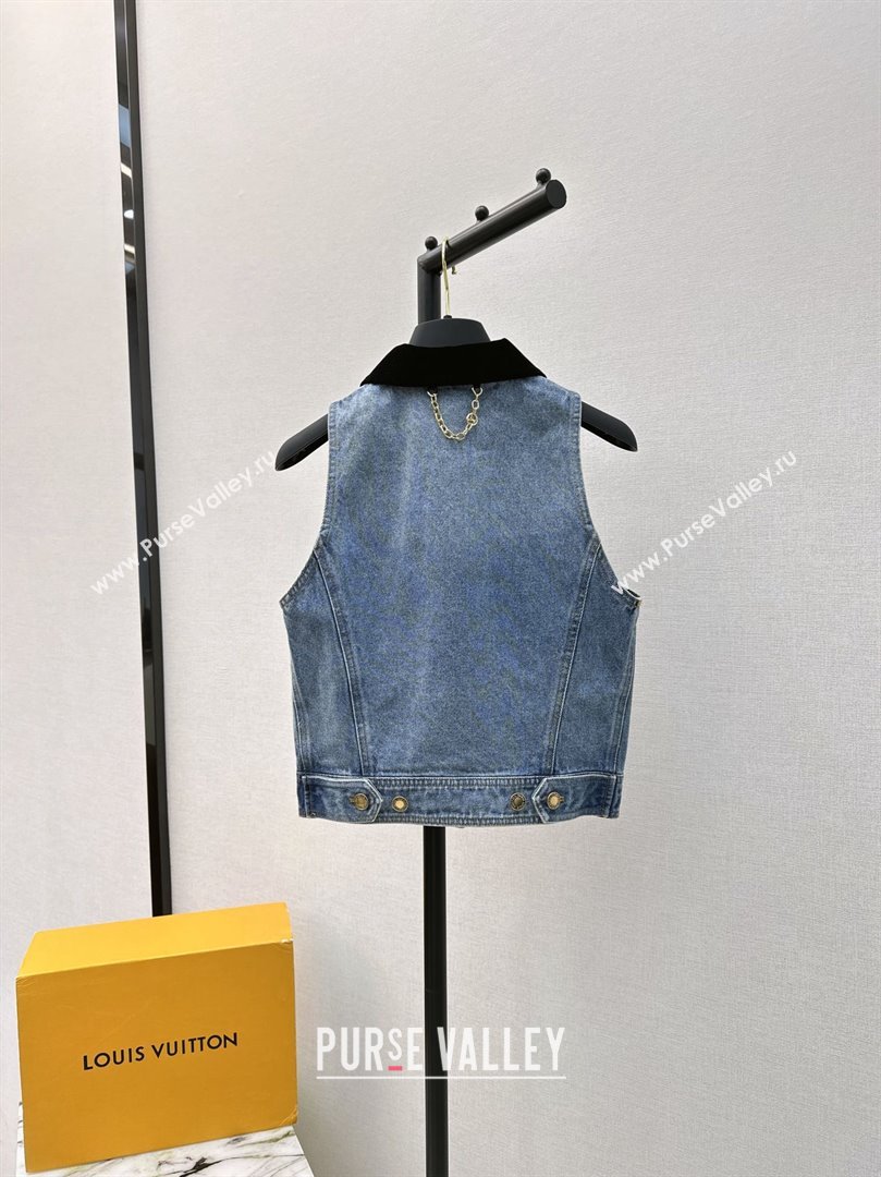 LOUIS VUITTON Sleeveless Velvet Accent Denim Jacket 2024 (qiqi-240321-08)