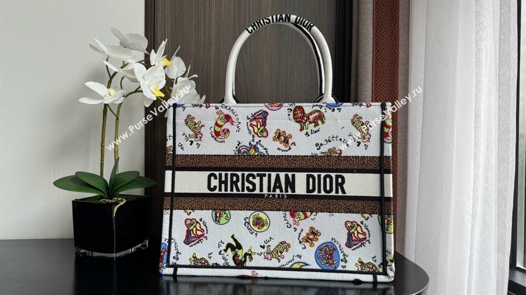 Dior Medium Book Tote Bag in White Multicolor Dragon Zodiac Embroidery 2024 (xxg-240329-13)