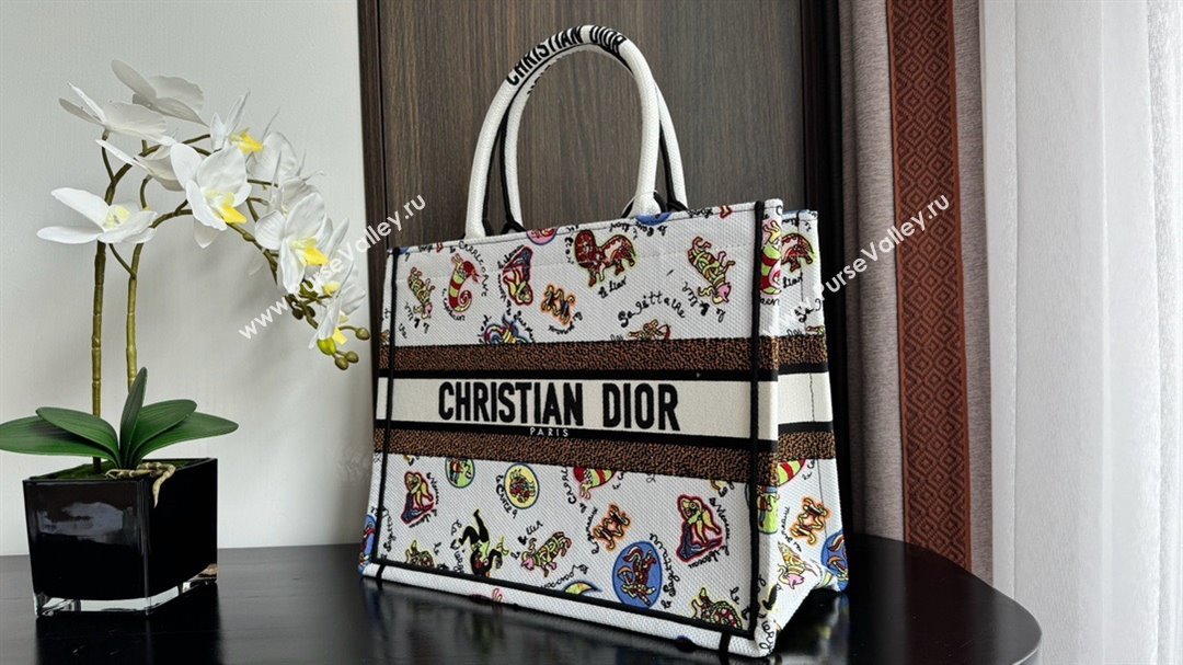 Dior Medium Book Tote Bag in White Multicolor Dragon Zodiac Embroidery 2024 (xxg-240329-13)