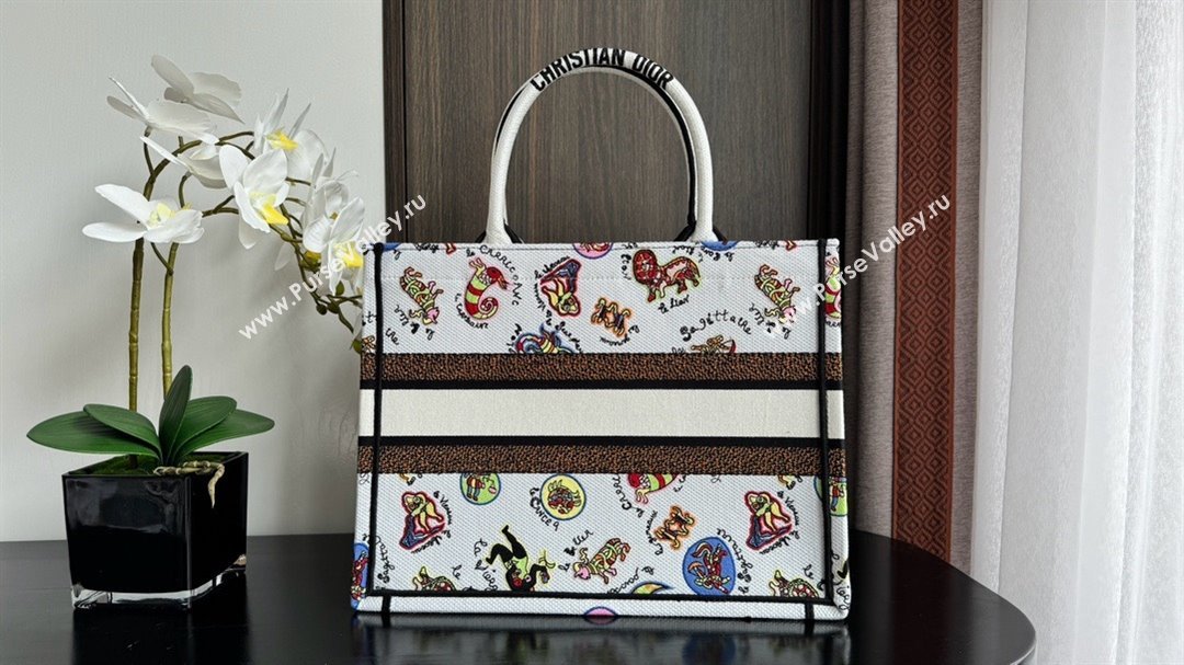 Dior Medium Book Tote Bag in White Multicolor Dragon Zodiac Embroidery 2024 (xxg-240329-13)