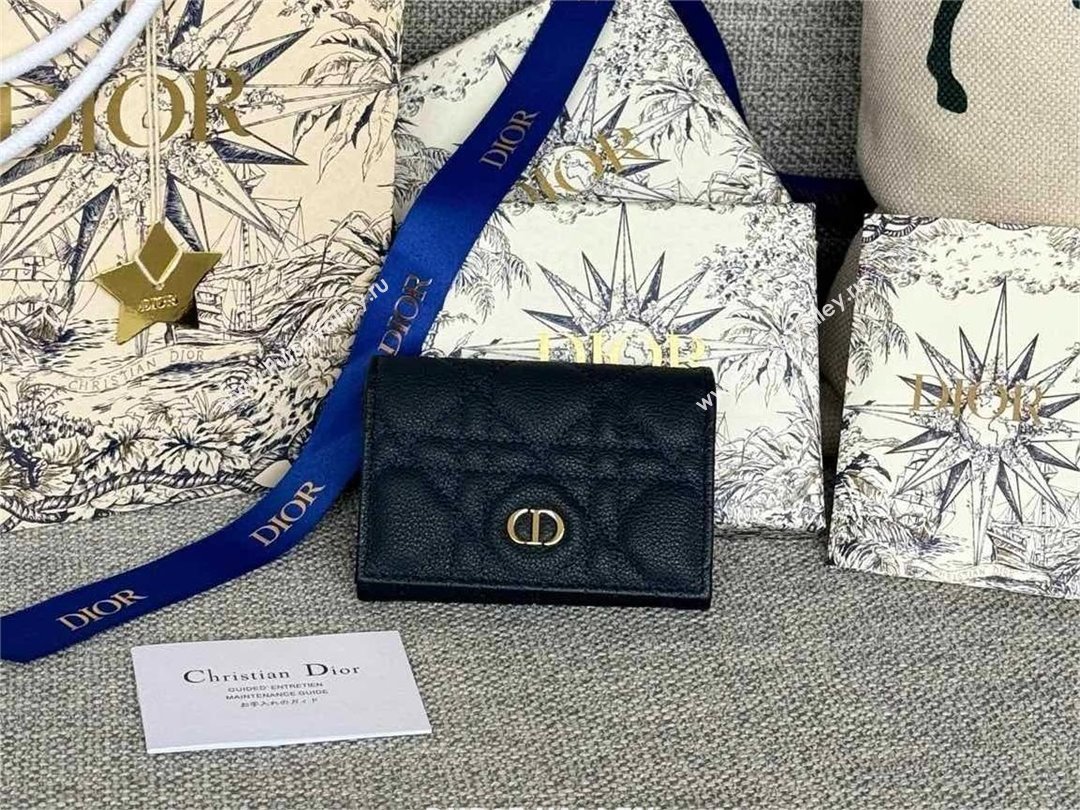 Dior Caro Glycine Wallet in navy blue Supple Cannage Calfskin/silver 2024 (xxg-240402-04)