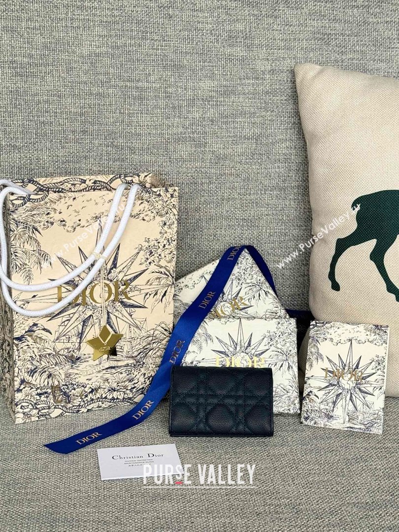 Dior Caro Glycine Wallet in navy blue Supple Cannage Calfskin/silver 2024 (xxg-240402-04)